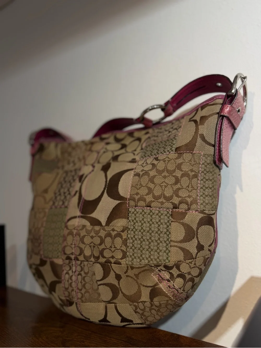 Coach Patchwork Signature Hobo in Khaki with Pink Trim